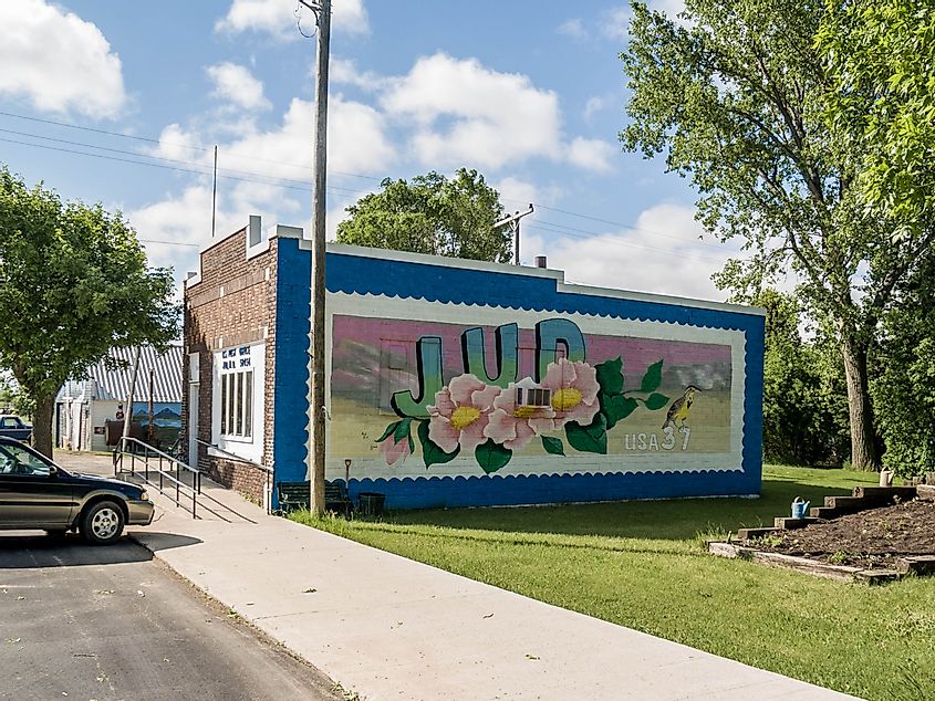 Colorful mural of nature painted on the Post Office in Jud, North Dakota. 