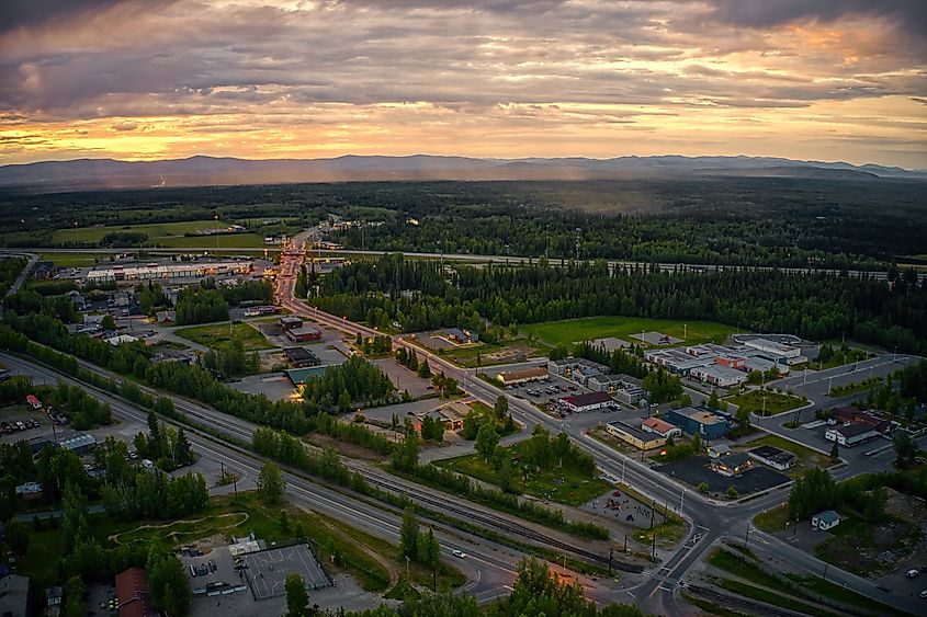 Aerial View of a Summer Sunset over the town of North Pole, Alaska.