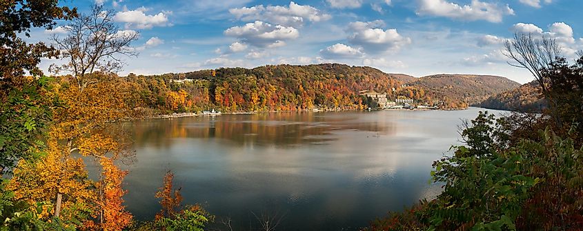 Panorama of the autumn fall colors surrounding Cheat Lake near Morgantown, West Virginia