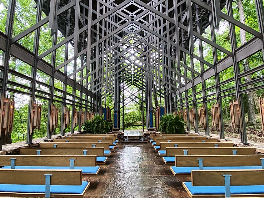 Interior of the Thorncrown Chapel in Eureka Springs, Arkansas.