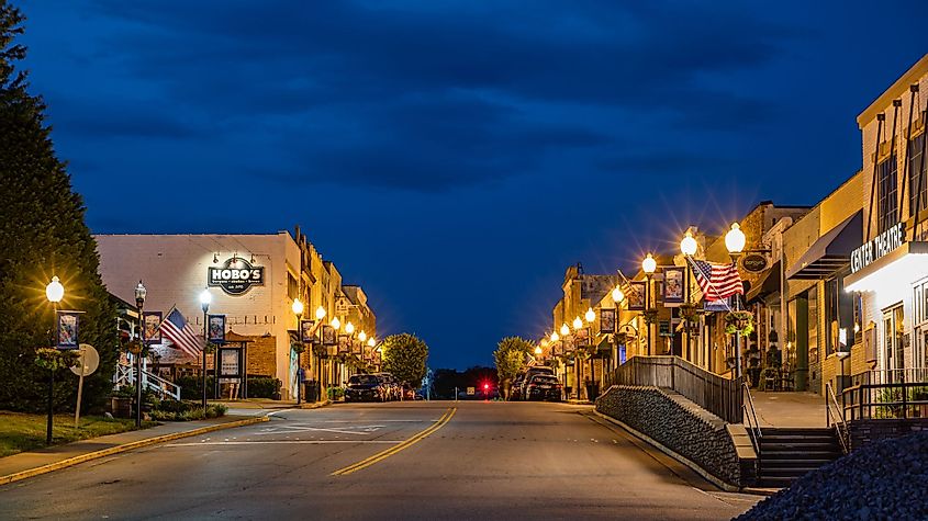 Main Street in historic downtown Fort Mill, South Carolina at night
