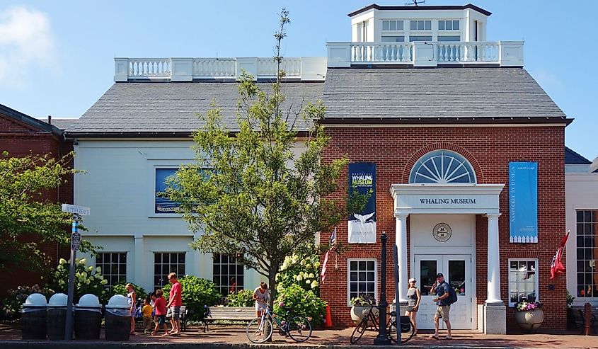 Whaling Museum in Nantucket with tourists outside. 