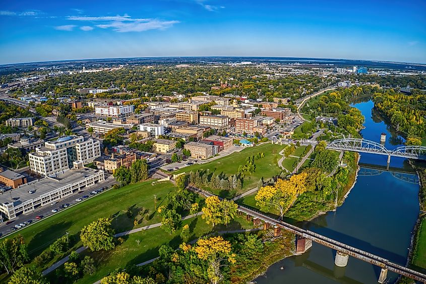 Aerial view of the college town of Grand Forks, North Dakota.