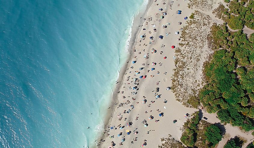 People and umbrellas on the sand at Venice Beach, Florida from a Drone