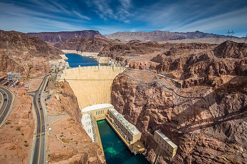 Aerial wide angle view of famous Hoover Dam, a major tourist attraction located on the border between the states of Nevada and Arizona