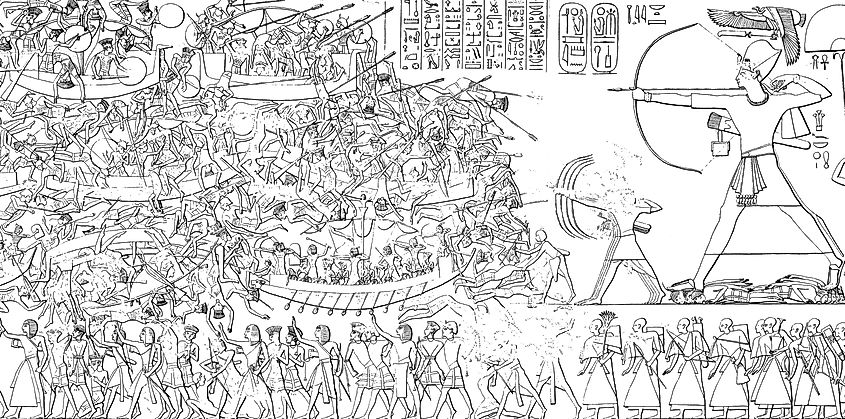 This scene from the north wall of Medinet Habu is often used to illustrate the Egyptian campaign against the Sea Peoples.