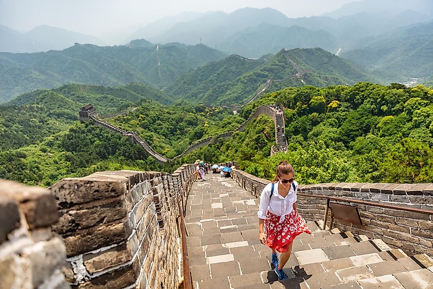 Tourists walking along the Great Wall