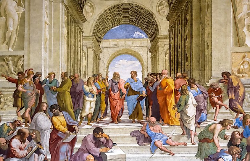 Famous wall fresco by Raphael in Vatican Museum, Italy,  showing philosophers Aristotle and Plato in the center. 