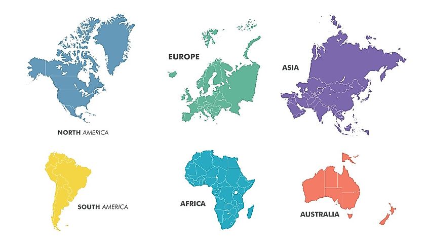 World map divided into six continents in different color