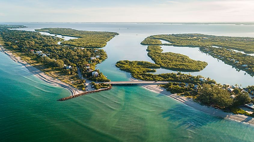 Stunning aerial view during sunrise of Captiva Island and Sanibel Island