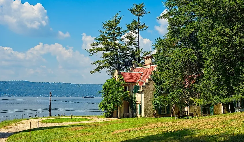 Washington Irving's Sunnyside cottage, now a museum, overlooks the Hudson River.