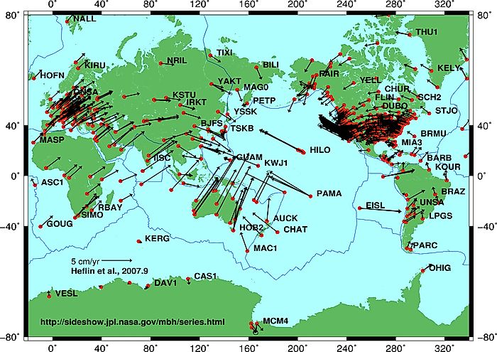 Plate motion based on Global Positioning System (GPS) satellite data from NASA JPL. Each red dot is a measuring point and vectors show direction and magnitude of motion.