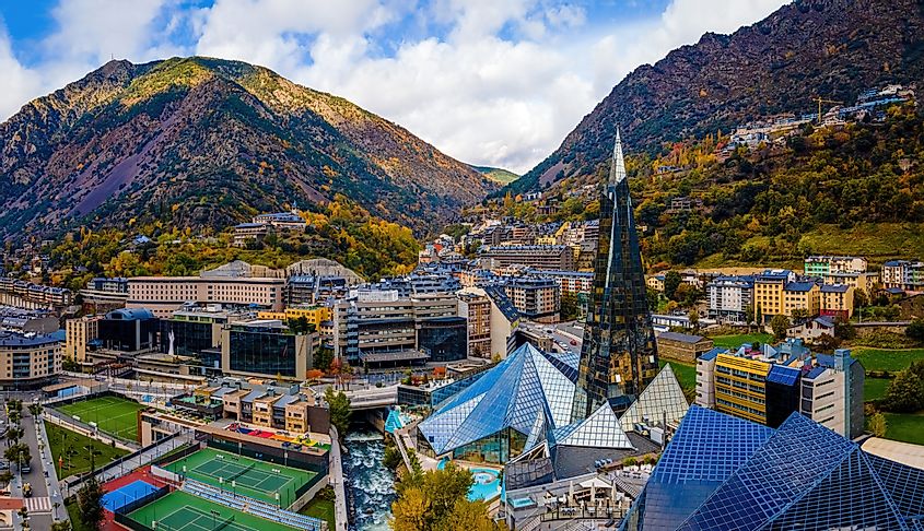 Aerial view of Andorra la Vella, the capital of Andorra, in the Pyrenees mountains