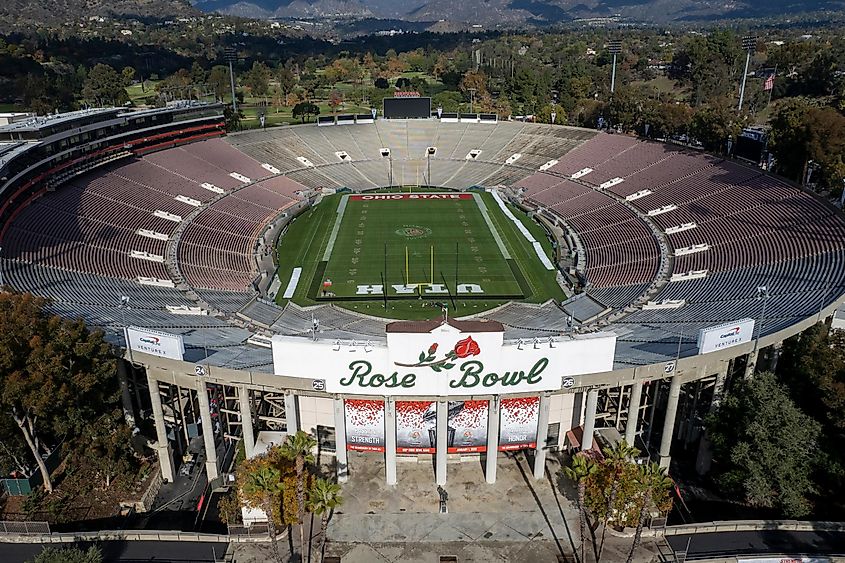An aerial view of the empty Rose Bowl in Pasadena, California. Editorial credit: Ringo Chiu / Shutterstock.com