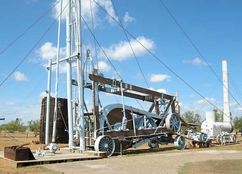 Early portable oil drilling rig on the grounds of the Permian Basin Museum in Midland, Texas.