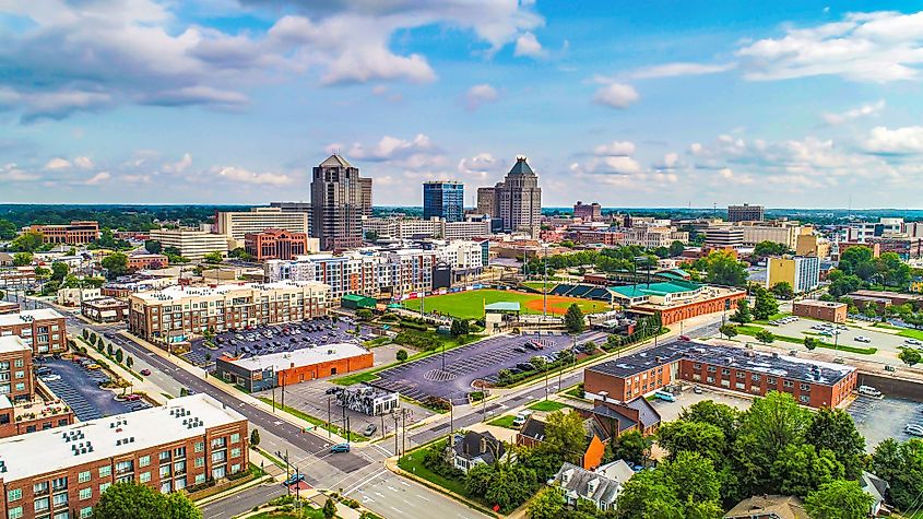 Aerial view of the skyline of downtown Greensboro, North Carolina