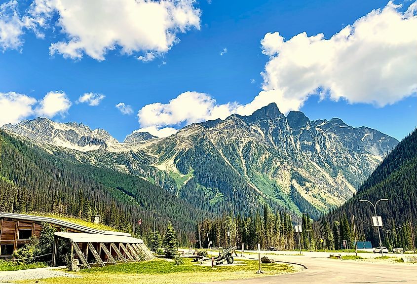 The majestic peaks of Glacier National Park, British Columbia, with Rogers Pass Discovery Center in the foreground