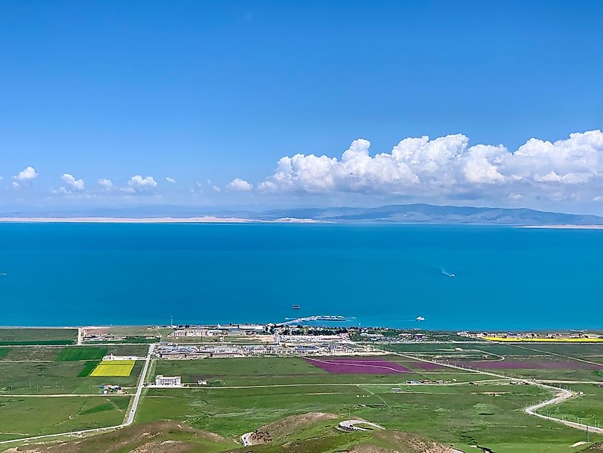 A bird-eye view of Qinghai Lake and the surrounding farmland and coastal scenery. Via Shutterstock / Wirestock Creators.