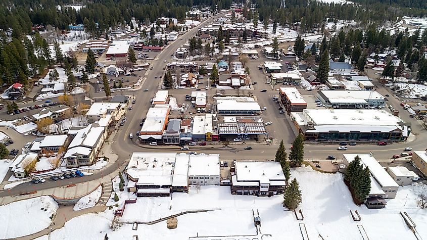 Snow covered mountain town of McCall, Idaho with main street in view