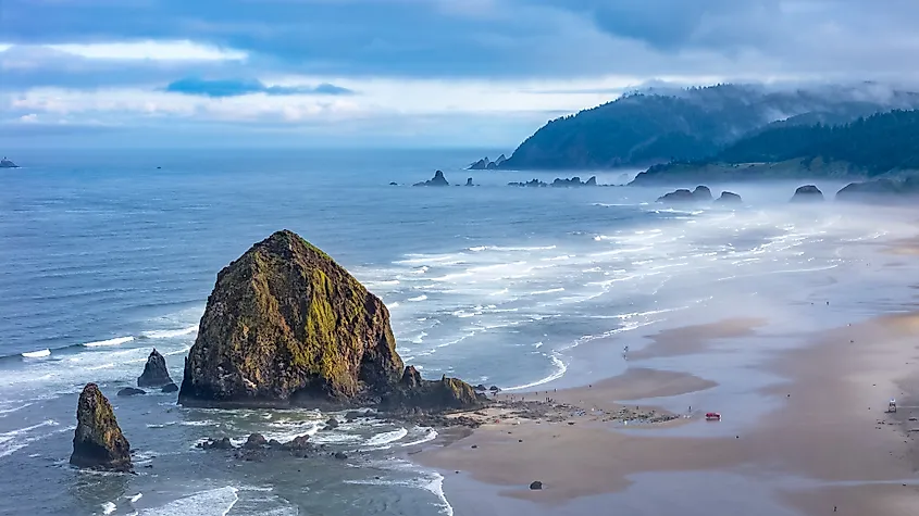Aerial shot over Cannon Beach, Oregon