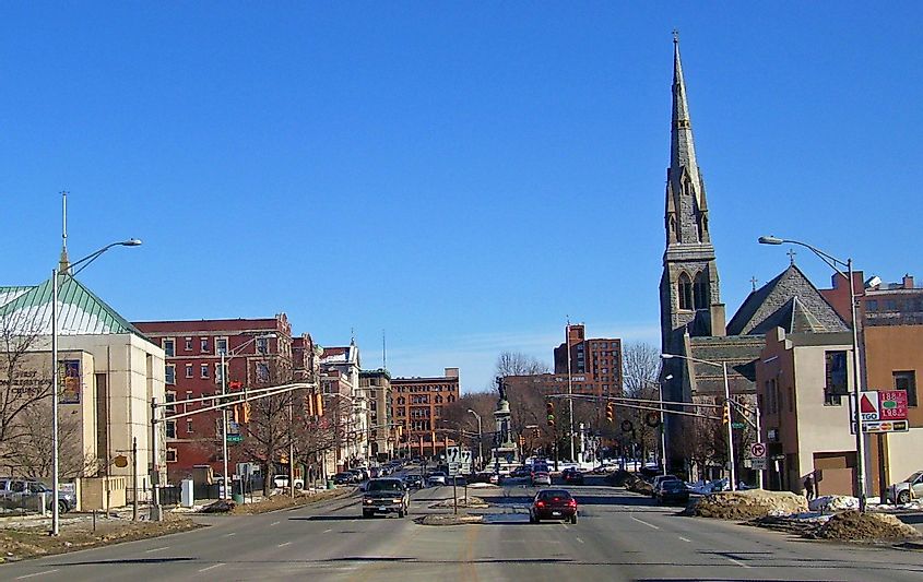View east along Grand Street into center of downtown Waterbury, Connecticut
