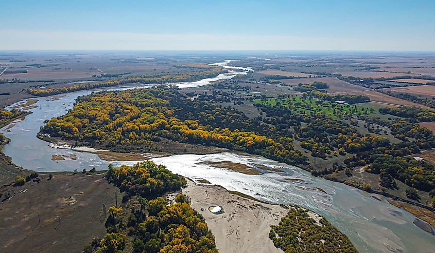 Aerial image taken by drone of the meander of the Loup river in Nebraska, United States