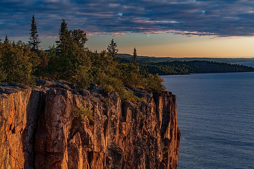 Palisade Head, the Lake Superior shore are seen just before sunset, Temperance River State Park, Cook County, Minnesota.