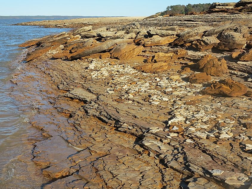 Clay stone beach in a Mississippi lake. Grenada Lake, Grenada, Mississippi