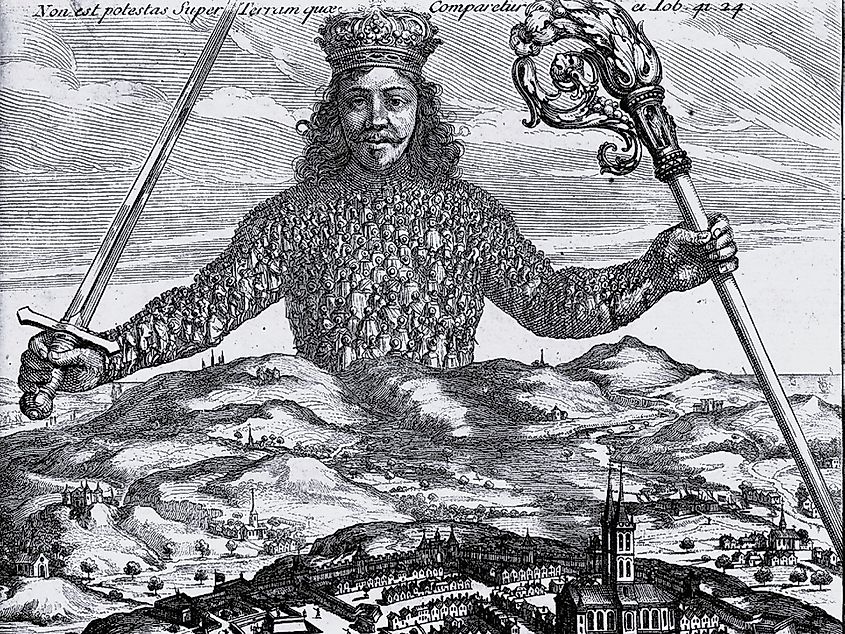 The front cover of Leviathan by Thomas Hobbes with a man holding weapons