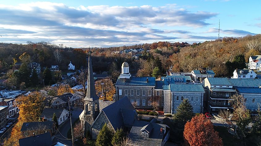 An aerial view of historic Ellicott City, Maryland in the fall