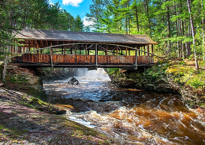 Bridge over the waterfall at the Amnicon Falls State park in Northern Wisconsin
