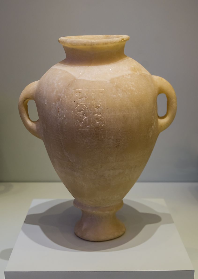 Egyptian alabaster amphora found in Katsambas-Poros, Crete, symbolising trade between Ancient Egypt and Ancient Greece.