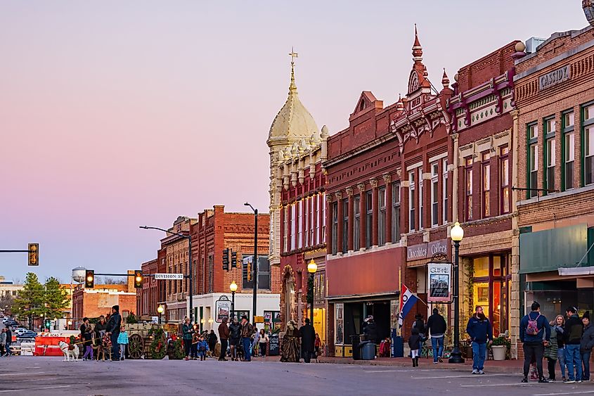 Night view of historical buildings in Guthrie, Oklahoma.