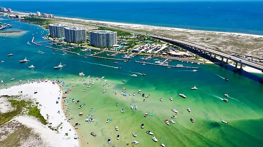 Aerial view of the Perdido Pass full of boats in Orange Beach, Alabama.