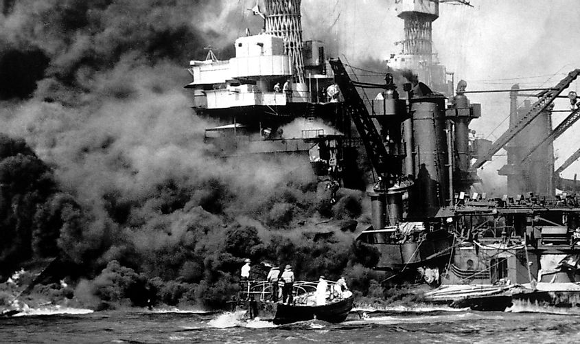 World War II, Pearl Harbor, Hawaii, the destruction of the USS West Virginia, December 7, 194 1, official U.S. Navy photograph