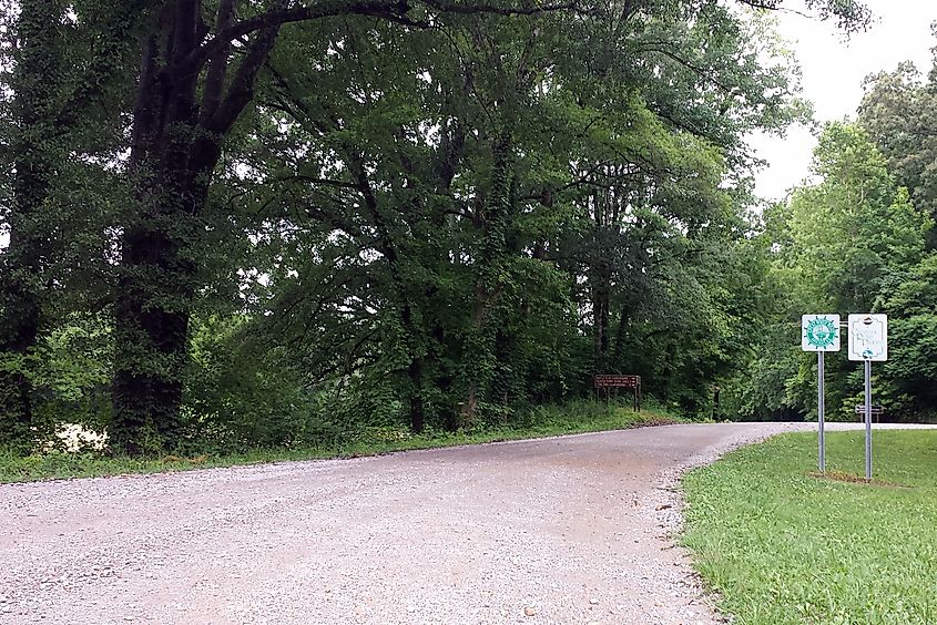 The Great River Road and Crowley’s Ridge Parkway junction heading toward Helena-West Helena in Mississippi River State Park, Arkansas