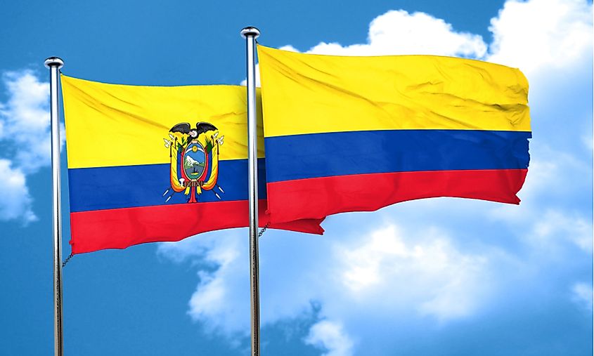 The flag of Ecuador, left, with the flag of Colombia.