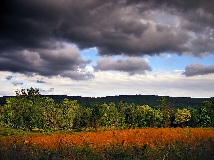 Clouds gather over the forested hills near Sandyston, New Jersey