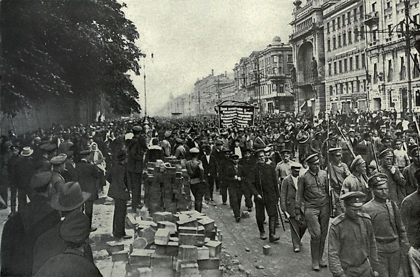 Bolshevik parade in St. Petersberg during the Russian Revolution, Spring, 1917.