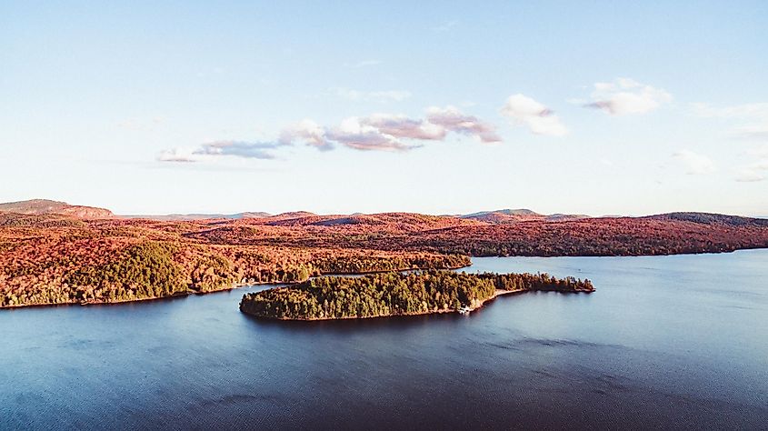 Aerial shot of Schroon Lake and the Adirondack Mountains in Upstate New York.