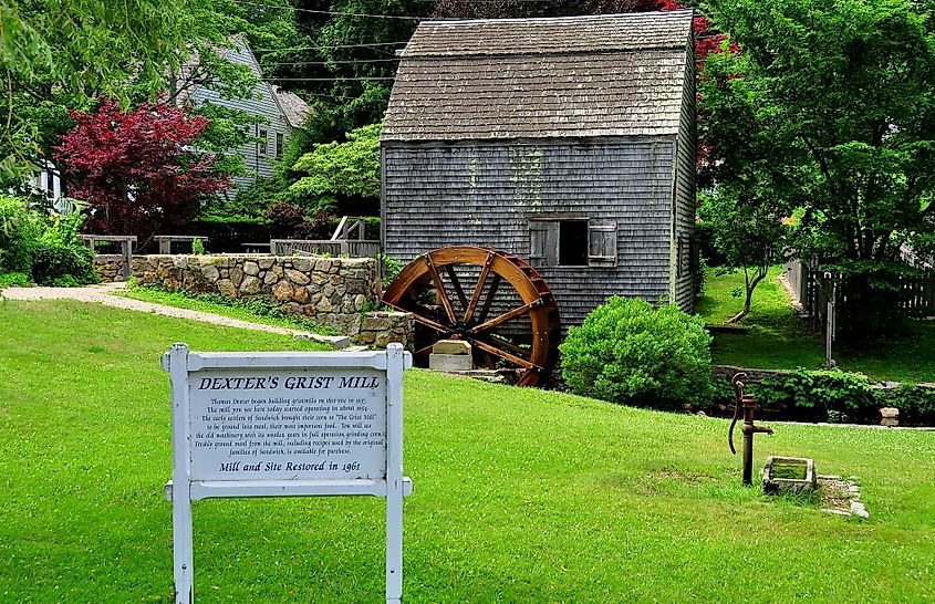 Sandwich, Massachusetts - July 15, 2015: 1637 Dexter's Grist Mill and water wheel is a fully functional facility that continues to produce corn meal which is sold on site