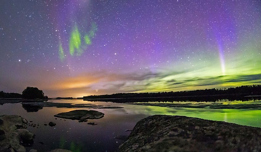 The Northern Lights over the skies of Voyageurs National Park in northern Minnesota