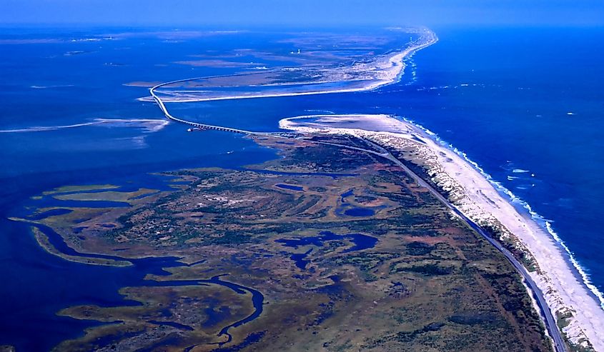 North Carolina, Outer Banks, Pea Island, Bodie Island, Oregon Inlet aerial view