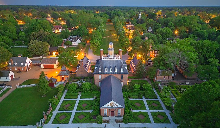 Historic Williamsburg Village at the Governor's Palace at twilight.
