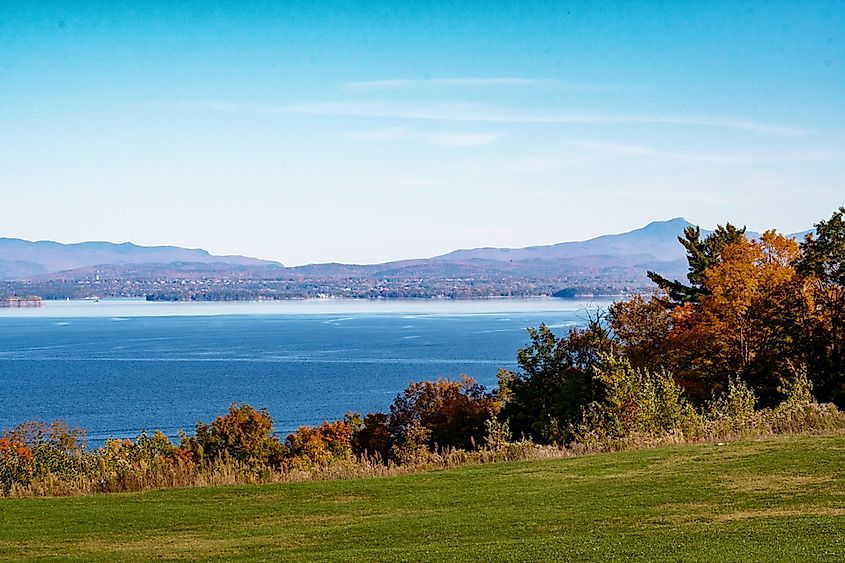 Lake Champlain with Burlington Vermont state in background in late fall