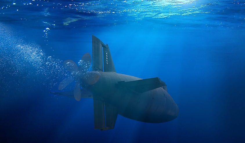 Naval submarine on a mission travelling under water