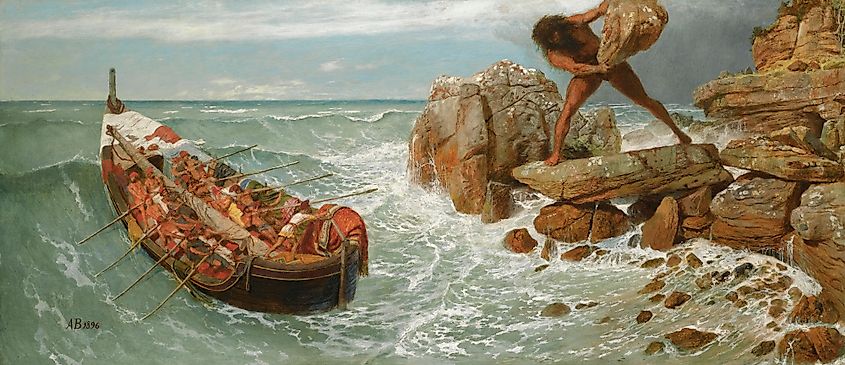 Odysseus and his crew escape the Cyclops Polyphemus.