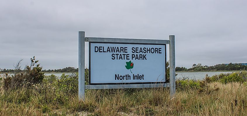 Entrance sign to the north inlet section of Delaware Seashore State Park. 