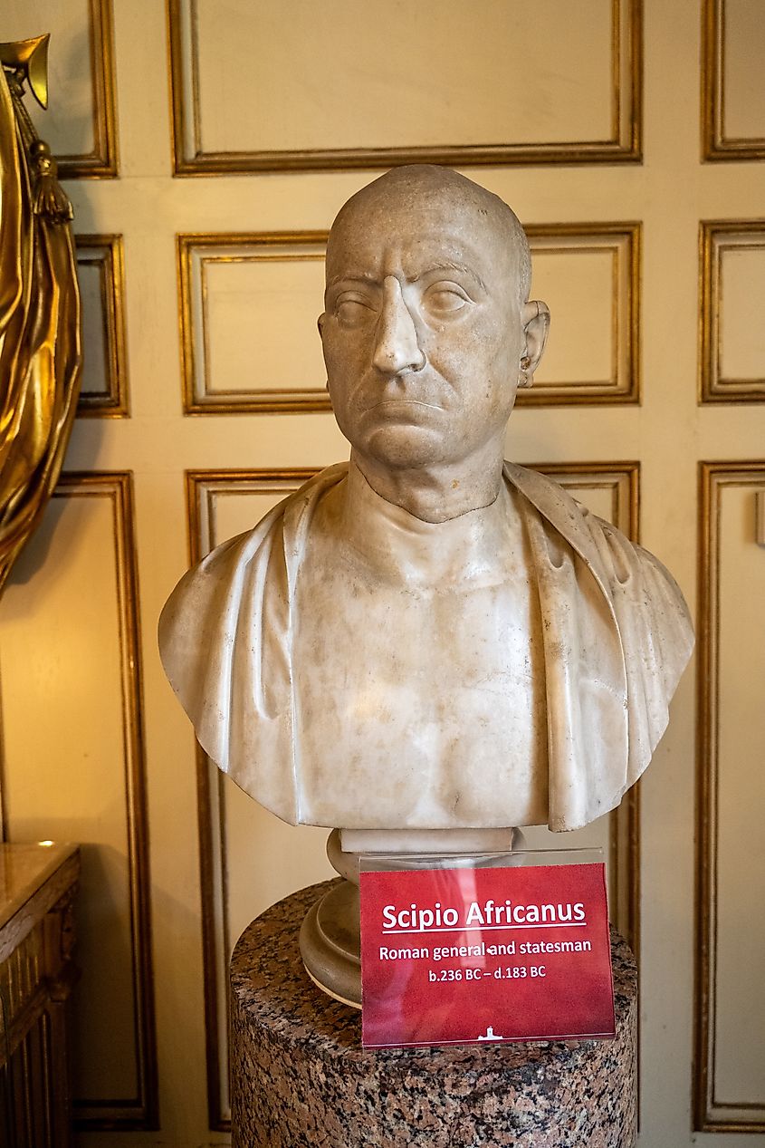 Marble bust of Roman general Scipio Africanus displayed at Warwick Castle.