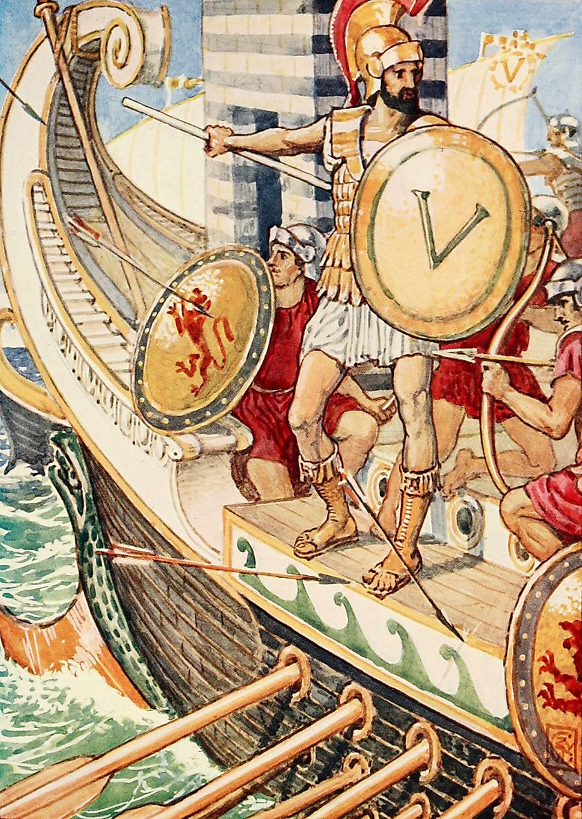 Brasidas during an assault, as illustrated by Walter Crane.